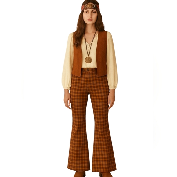 Vtg Punk Rock Mall Goth Plaid Orange/Brown Flare Pants Sz L W30 L31.5 - Picture 7 of 8